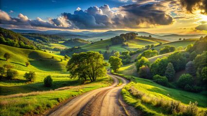  Winding dirt road stretches into the distance, lined by lush green trees and surrounded by rolling hills, under a warm sunny sky with few clouds.
