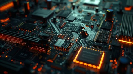 Wall Mural - A close-up shot of a circuit board, showcasing advanced microchips and integrated components with dramatic lighting emphasizing their intricate design