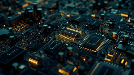 Wall Mural - A close-up shot of a circuit board with integrated components and microchips highlighted by dramatic lighting