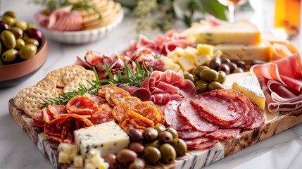 Wall Mural - A wooden serving board overflowing with a variety of meats, cheeses, olives, and crackers