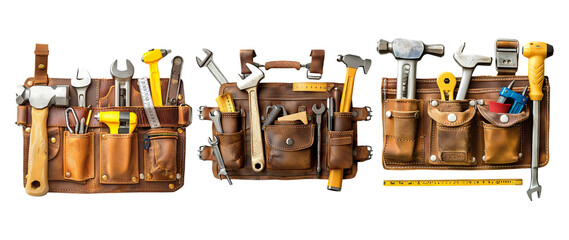 Tool belts with various tools isolated on transparent background