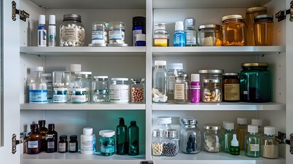 Wall Mural - Medicine Cabinet with Various Bottles and Jars