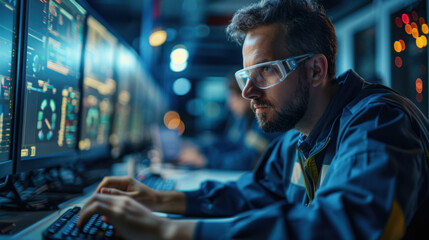 Wall Mural - A focused programmer wearing safety glasses, analyzing data on multiple computer screens in a high-tech, dimly lit environment.