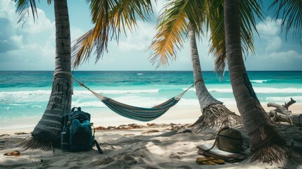 Wall Mural - A hammock hangs between two palm trees on a white sand beach with turquoise waves in the background