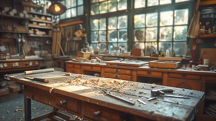 Wall Mural - A cinematic photograph of a carpenter's workbench, neatly organized carpentry tools, early morning light creating a serene ambiance, detailed textures of tools and wood, central focus on main tools,