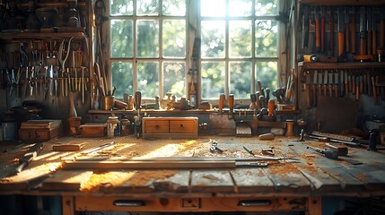 Sticker - A cinematic photograph of a carpenter's workbench, perfectly arranged carpentry tools, golden sunlight filtering through a nearby window, detailed textures of the tools and wooden bench,