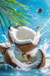 © EarthWalker - Cracked coconut milk splash with palm tree leaves on the exotic tropical beach, blue summer sky at the background