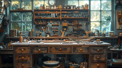 Wall Mural - A cinematic photograph of a crafting workbench, neatly placed craft tools and materials, warm afternoon light casting long shadows, detailed textures of the tools and materials,