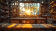 © LuvTK - A cinematic photograph of a craftsman's workbench, perfectly arranged woodworking tools, golden sunlight filtering through a nearby window, detailed textures of the wooden bench,