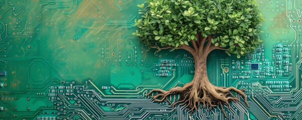 Poster - Tree growing on a circuit board, blending nature and technology concept