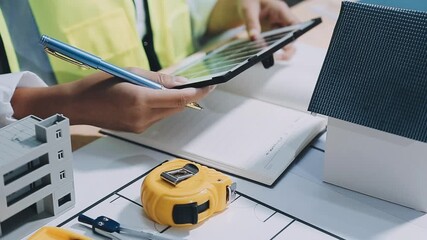 Wall Mural - Architect working on blueprint.engineer inspective in workplace - architectural project, blueprints,ruler,calculator,laptop and divider compass. Construction concept. Engineering tools,