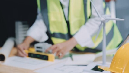 Wall Mural - Architect working on blueprint.engineer inspective in workplace - architectural project, blueprints,ruler,calculator,laptop and divider compass. Construction concept. Engineering tools,