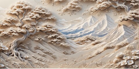 Aufkleber - 3D relief sculpture landscape scene background is light beige co