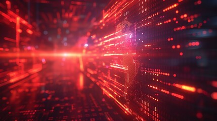 Poster - Red digital abstract background with glowing lines and a world map.