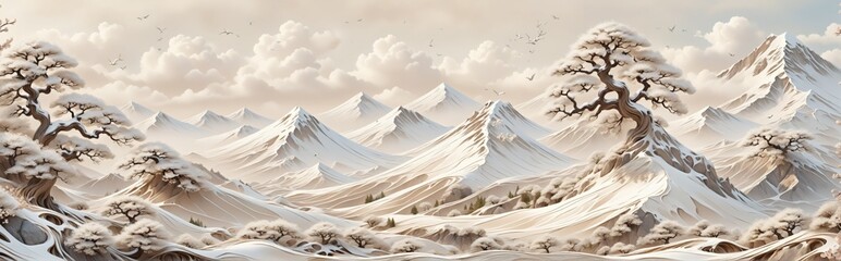 Aufkleber - Digital illustration landscape mountain background is covered sn
