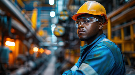 Portrait of a confident industrial worker wearing a safety helmet and goggles, standing in a factory with machinery in the background.