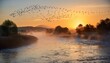 © Ant - Flowing river with a flock of birds taking flight at sunrise, freedom and movement, early morning serenity in the fog