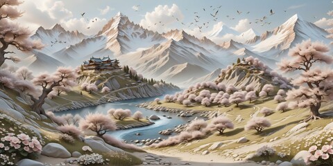 Aufkleber - 3D rendering landscape mountain range background is made up diff