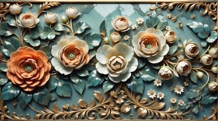 Aufkleber - Close-up decorative panel floral design is made dark green marbl