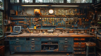 Wall Mural - A cinematic photograph of a workbench, neatly organized tools, early morning light creating a serene ambiance, detailed textures of tools and workbench, central focus on main tools,