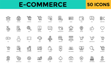 Sticker - E-commerce icon set with rating, ecommerce, shop local, play video, buy online, voucher, wallet, faqs, digital money icon. Simple line vector 
