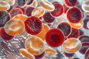 Wall Mural - Close-up of a microscopic view of human blood smear, showing different types of blood cells, high detail, scientific illustration