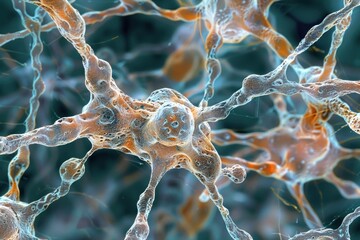 Wall Mural - Close-up of a microscope image of neuron cells, showing the dendrites and axon, high detail, educational illustration