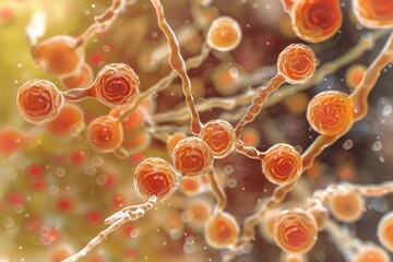 Wall Mural - Close-up of a microscopic view of yeast cells, showing budding cells, high detail, scientific illustration