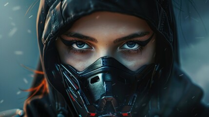 Wall Mural - Cyberpunk ninja mysterious woman mask and hood looking assassin character background wallpaper AI generated image