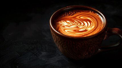 Steaming cup of cappuccino is sitting on a dark table, decorated with latte art