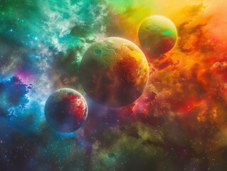 Wall Mural - Vibrant cosmic scene featuring colorful planets and a rich nebula, perfect for space-themed projects and imaginative artwork.