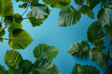 Wall Mural - Green Leaves on Blue Background.