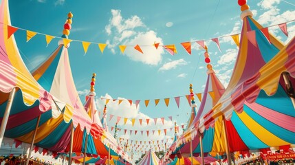 Colorful carnival tents with bunting flags under a bright blue sky, creating a festive and joyful atmosphere.