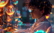 © Curioso.Photography - A young scientist in a lab coat surrounded by glowing scientific equipment.