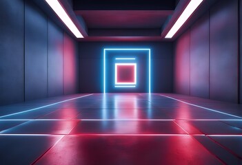 Wall Mural - with concrete neon square room blue light shiny background reflective floor empty abstract glowing red rectangle