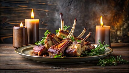 Plate of lamb ribs with a candle on a table , Food, meat, ribs, candle, candlelit, dinner, gourmet, elegant