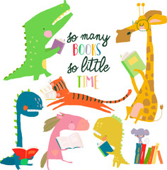 Wall Mural - Vector Set of cute Animals reading books on white Background