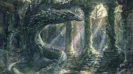 a digital painting of a dragon with green eyes and dark green hair in the forest