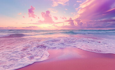 Poster - A serene sunset with pink and purple hues over a calm ocean and sandy beach.