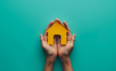 Poster - Hands holding a yellow house cutout against a green background.