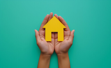 Poster - Hands holding a yellow house cutout against a green background.