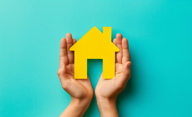 Poster - Hands holding a yellow house cutout against a green background.