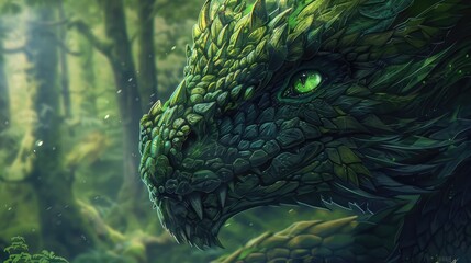 a digital painting of a dragon with green eyes and dark green hair in the forest