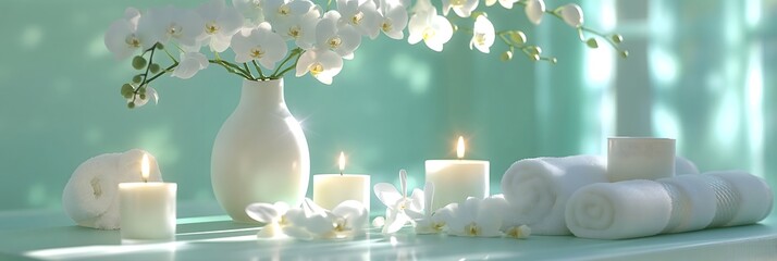 Elegant spa setting with candles, aromatherapy, a vase with plants, and bath towels against a white background, perfect for wallpaper.