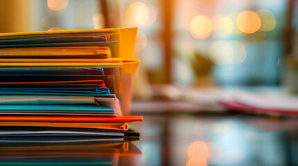 Wall Mural - Pile of colorful folders and papers on a desk with soft focus lights in the background.