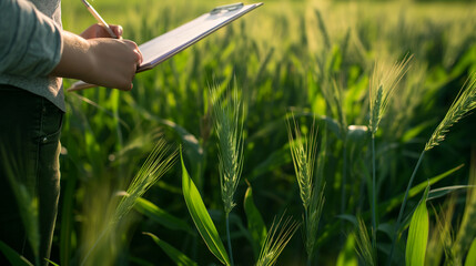 Wall Mural - Person taking notes on a clipboard in a green wheat field.