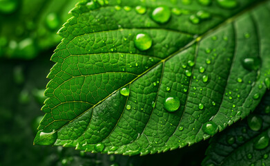 Wall Mural - Close-up of water droplets on a green leaf.