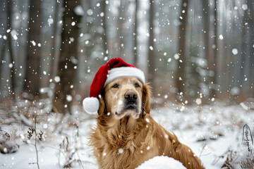 Poster - Golden retriever dog wearing a Santa Claus hat in a snowy forest scene