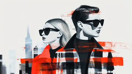 Wall Mural - High-fashion urban sketch, male and female models in coordinated outfits, city lights and traffic, detailed textile designs and urban aesthetics