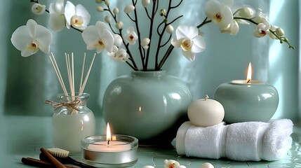 Wall Mural - Elegant spa setting with candles, aromatherapy, a vase with plants, and bath towels against a white background, perfect for wallpaper.